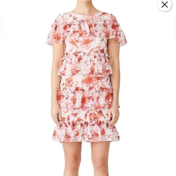 Badgley Mischka Tiered Ruffle Floral Dress Pink Size 14 - Picture 1 of 8